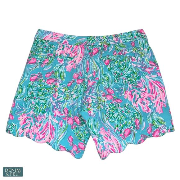 Lilly Pulitzer Darci Knit Shorts Amalfi Blue Pink Floral Scalloped Hem Resort 6 - Picture 2 of 7